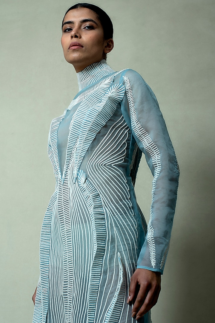 Forest Blue Silk Organza & Crepe Engagement Gown by Vivek Patel at Pernia's Pop Up Shop