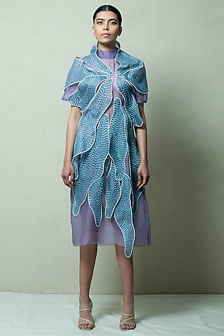 Purple Silk Organza & Crepe Resham Embellished Layered Dress by Vivek Patel