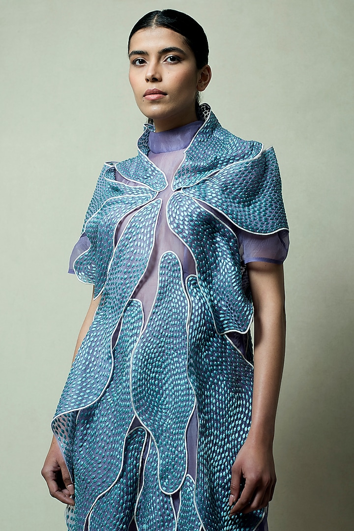Purple Silk Organza & Crepe Resham Embellished Layered Cocktail Dress by Vivek Patel at Pernia's Pop Up Shop