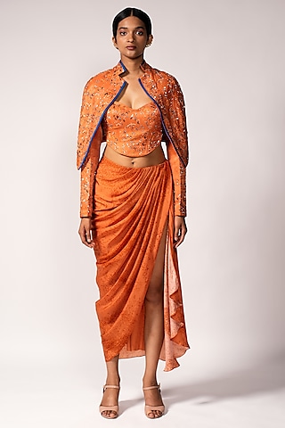 Orange Bemberg Satin & Bemberg Linen Satin Printed Skirt Set by Vivek Patel