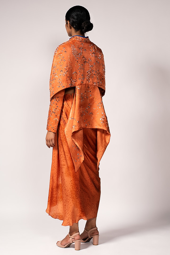 Orange Bemberg Satin & Bemberg Linen Satin Printed Skirt Set by Vivek Patel at Pernia's Pop Up Shop
