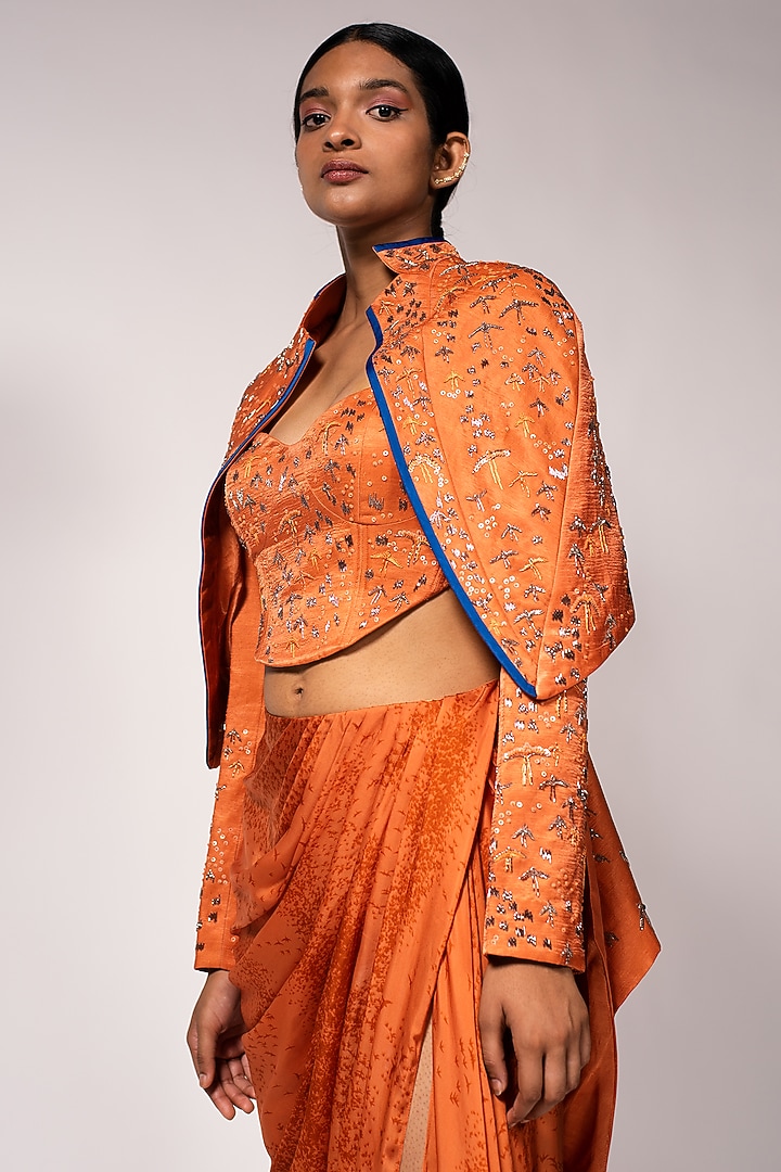 Orange Bemberg Satin & Bemberg Linen Satin Printed Skirt Set by Vivek Patel at Pernia's Pop Up Shop