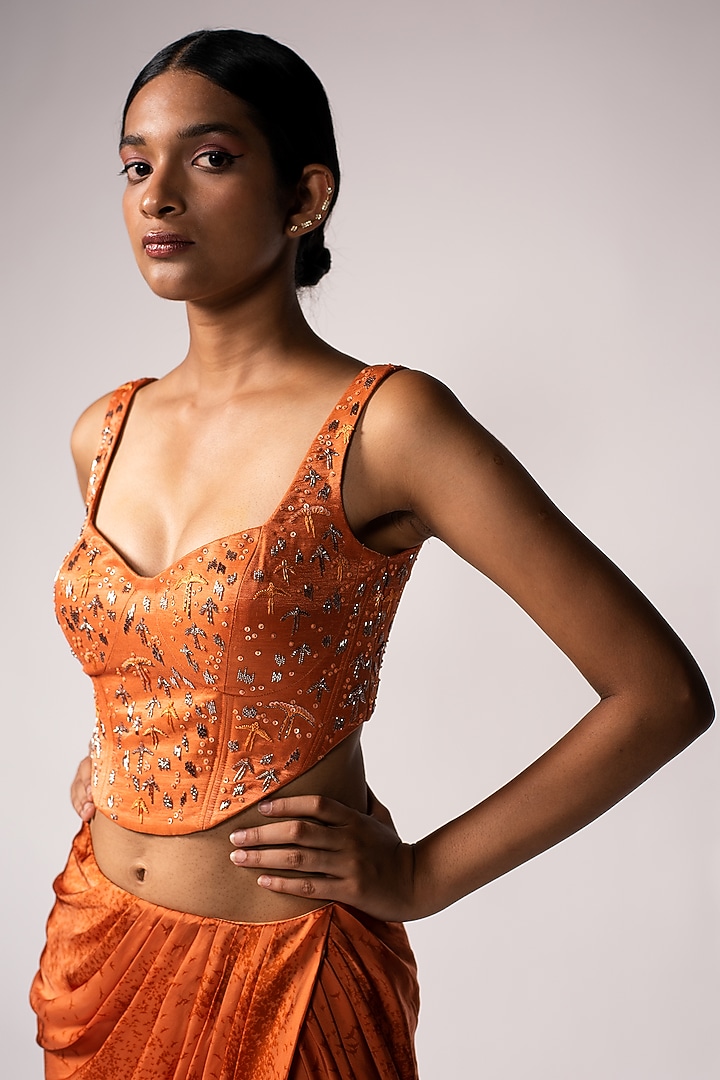 Orange Bemberg Satin & Bemberg Linen Satin Printed Skirt Set by Vivek Patel at Pernia's Pop Up Shop