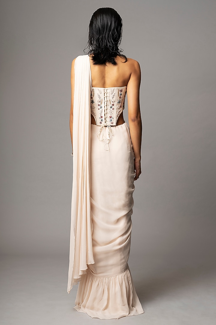 Ivory Dupion & Georgette Zari Embroidered Pre-Draped Wedding Saree Set by VIVEK PATEL at Pernia's Pop Up Shop