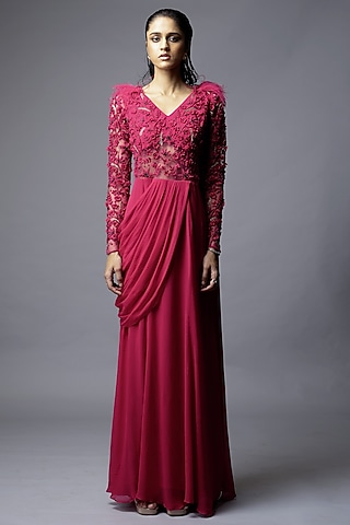 Fuchsia Pink Georgette Floral Hand Embroidered Gown Saree by VIVEK PATEL