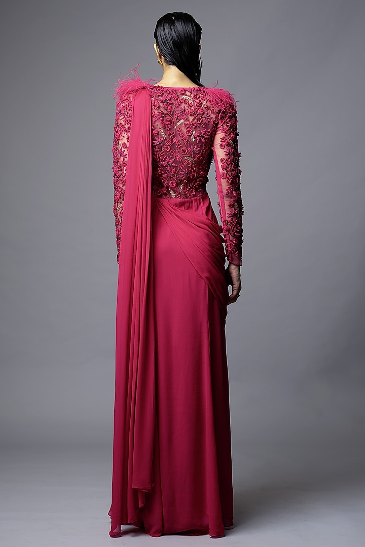 Fuchsia Pink Georgette Floral Hand Embroidered Wedding Gown Saree by VIVEK PATEL at Pernia's Pop Up Shop