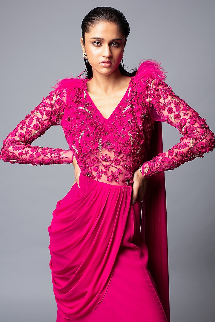 Fuchsia Pink Georgette Floral Hand Embroidered Wedding Gown Saree by VIVEK PATEL at Pernia's Pop Up Shop