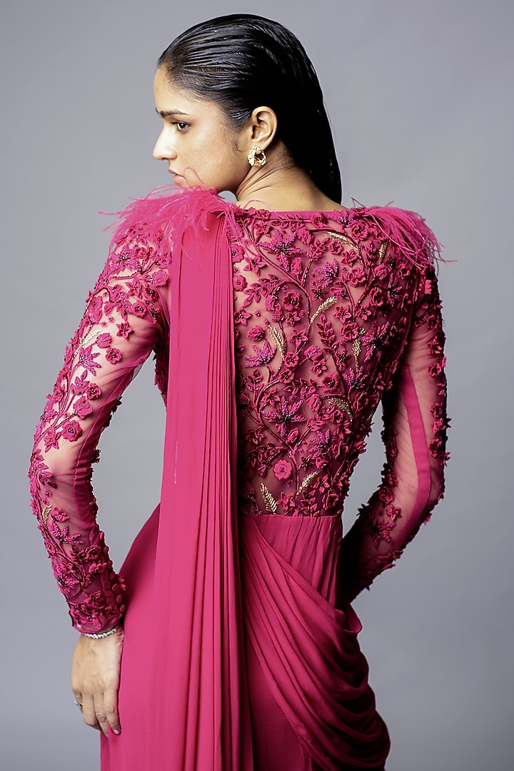 Fuchsia Pink Georgette Floral Hand Embroidered Wedding Gown Saree by VIVEK PATEL at Pernia's Pop Up Shop