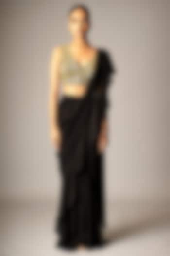 Black Dupion Embellished Ruffled Pre-Draped Wedding Saree Set by VIVEK PATEL at Pernia's Pop Up Shop