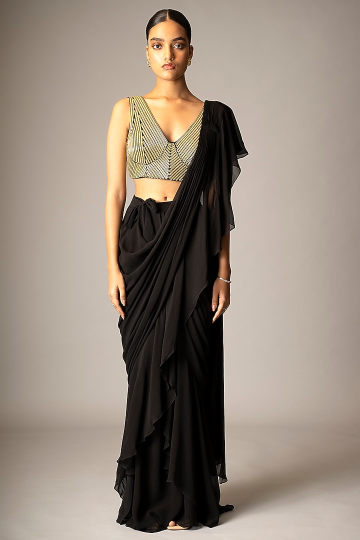 Black Dupion Embellished Ruffled Pre-Draped Wedding Saree Set by VIVEK PATEL at Pernia's Pop Up Shop