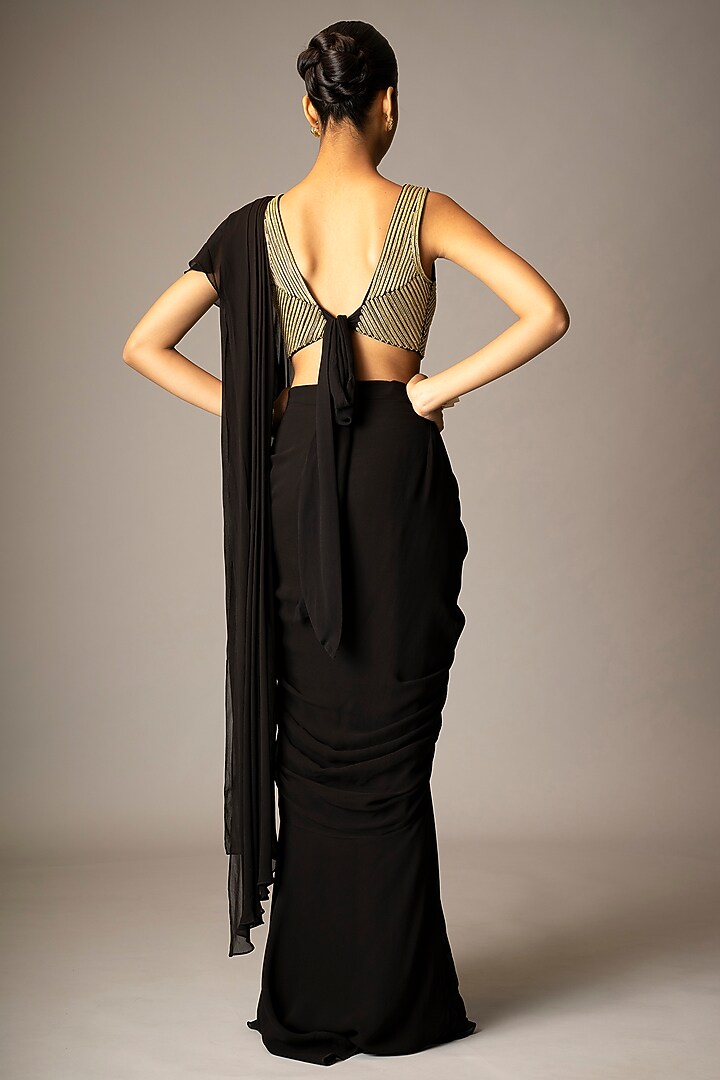 Black Dupion Embellished Ruffled Pre-Draped Wedding Saree Set by VIVEK PATEL at Pernia's Pop Up Shop