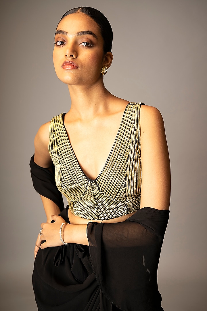 Black Dupion Embellished Ruffled Pre-Draped Wedding Saree Set by VIVEK PATEL at Pernia's Pop Up Shop