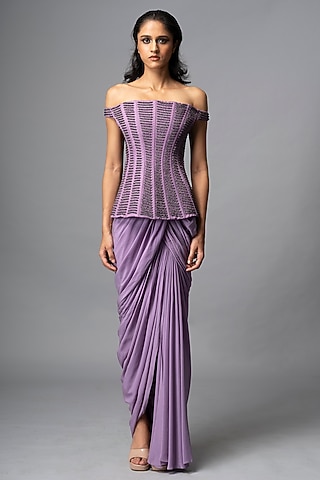 Lavender Silk Crepe Draped Skirt Set by VIVEK PATEL