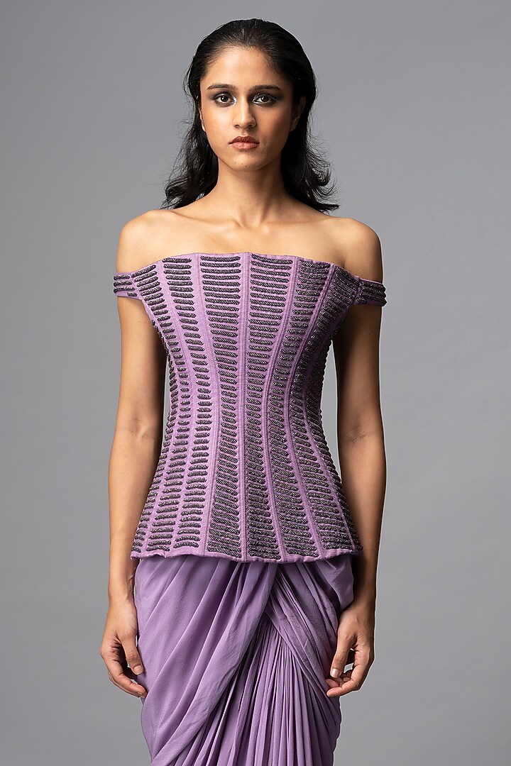 Lavender Silk Crepe Draped Skirt Set by VIVEK PATEL at Pernia's Pop Up Shop