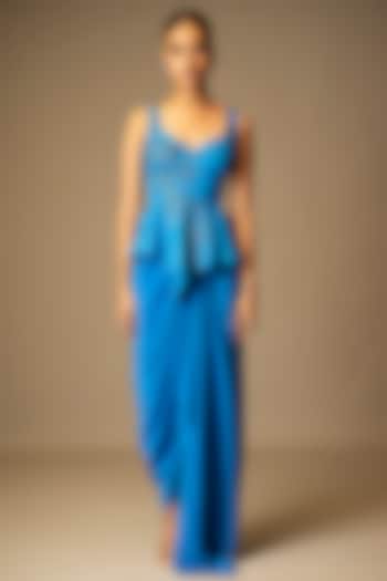 Blue Silk Crepe Draped Skirt Set by VIVEK PATEL at Pernia's Pop Up Shop