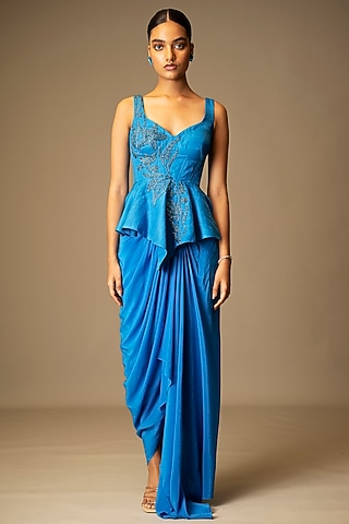 Blue Silk Crepe Draped Skirt Set by VIVEK PATEL
