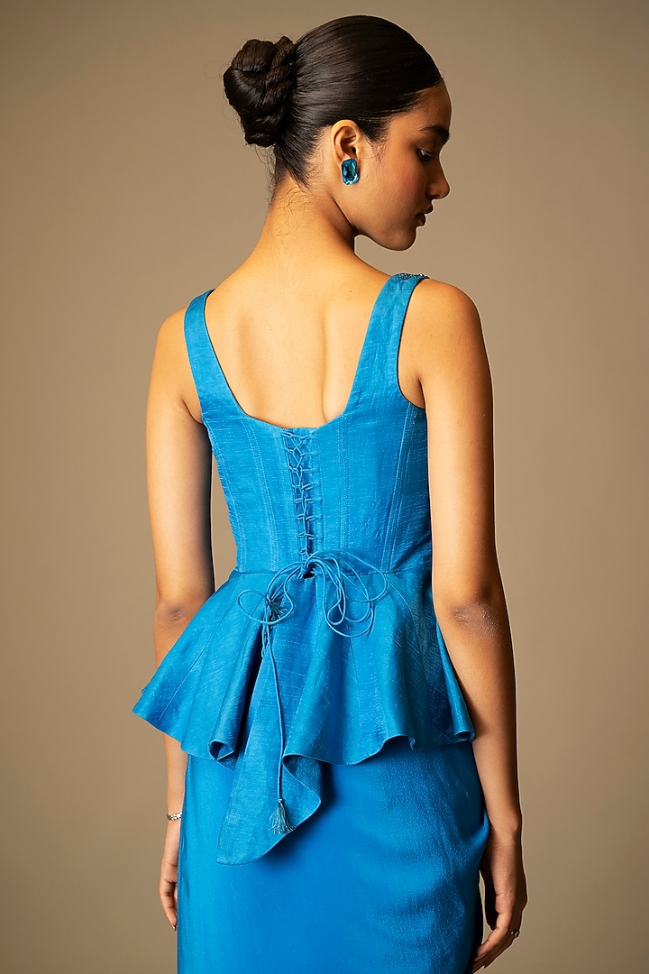 Blue Silk Crepe Draped Skirt Set by VIVEK PATEL at Pernia's Pop Up Shop
