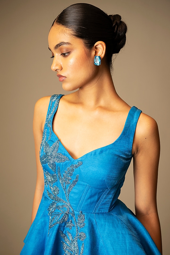 Blue Silk Crepe Draped Skirt Set by VIVEK PATEL at Pernia's Pop Up Shop