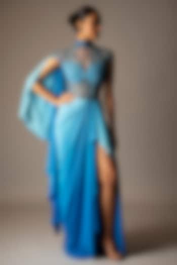Blue Ombre Silk Crepe Embellished Draped Wedding Gown Saree by VIVEK PATEL at Pernia's Pop Up Shop