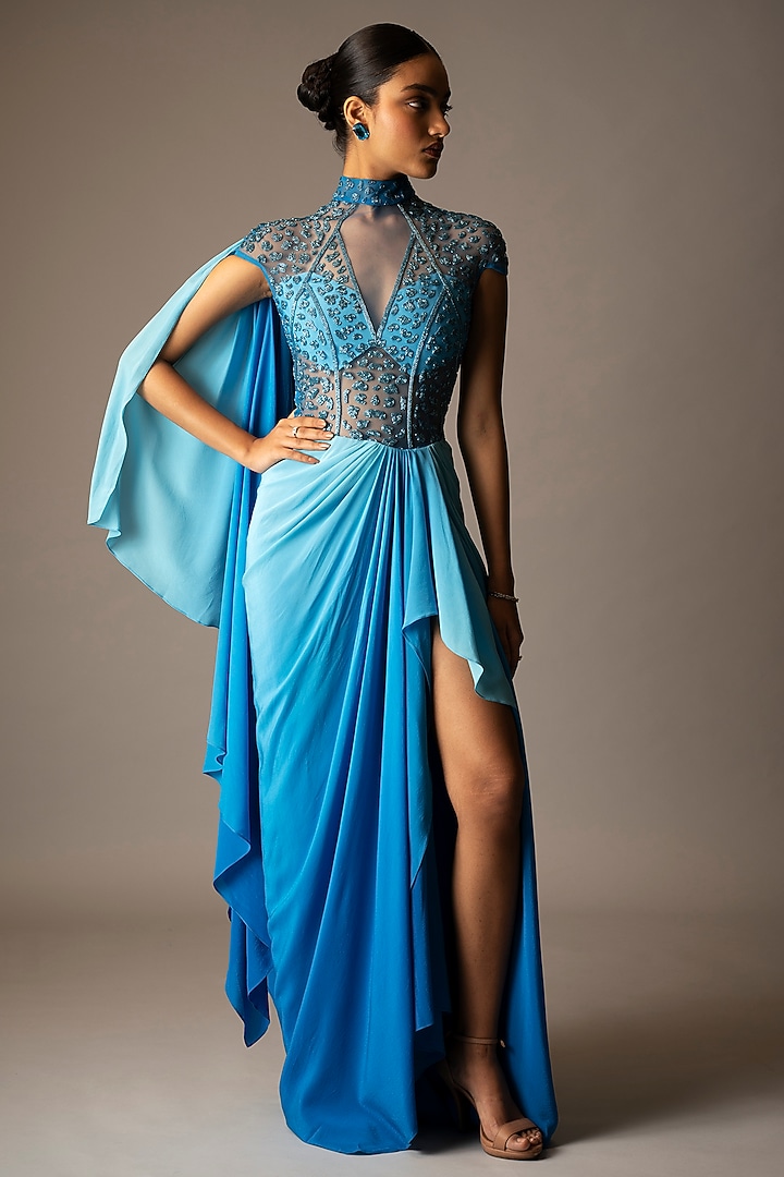 Blue Ombre Silk Crepe Embellished Draped Wedding Gown Saree by VIVEK PATEL at Pernia's Pop Up Shop