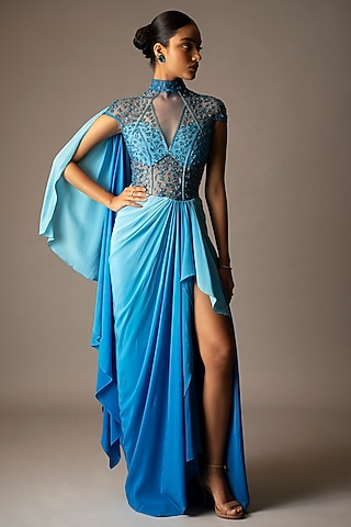 Blue Ombre Silk Crepe Embellished Draped Gown Saree by VIVEK PATEL