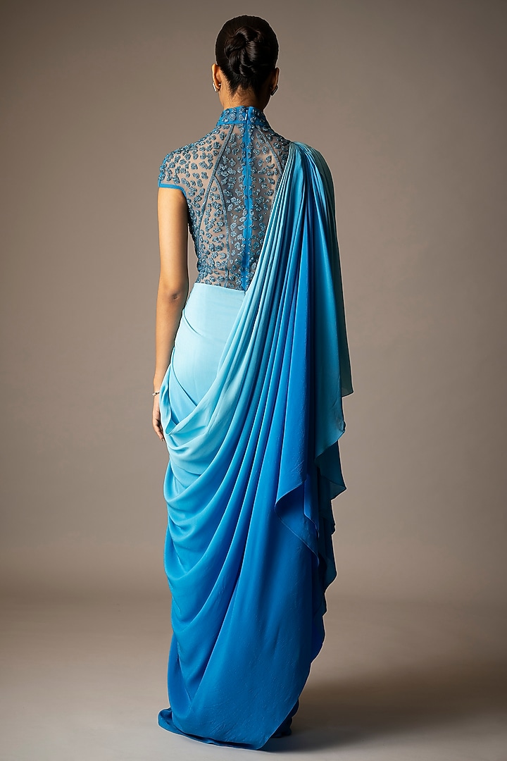 Blue Ombre Silk Crepe Embellished Draped Wedding Gown Saree by VIVEK PATEL at Pernia's Pop Up Shop