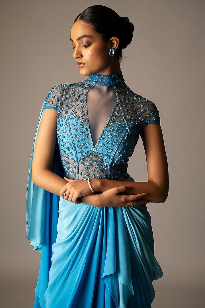 Blue Ombre Silk Crepe Embellished Draped Wedding Gown Saree by VIVEK PATEL at Pernia's Pop Up Shop