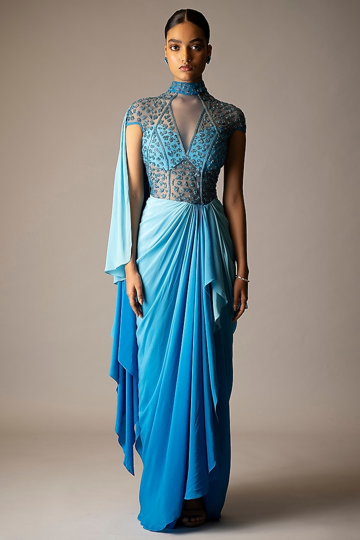 Blue Ombre Silk Crepe Embellished Draped Wedding Gown Saree by VIVEK PATEL at Pernia's Pop Up Shop