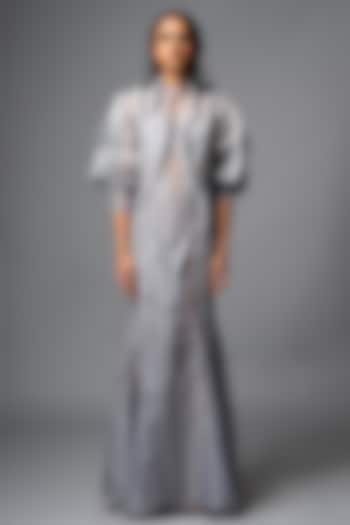 Grey Organza & Crepe 3D Dori Work Reception Gown Saree by VIVEK PATEL at Pernia's Pop Up Shop