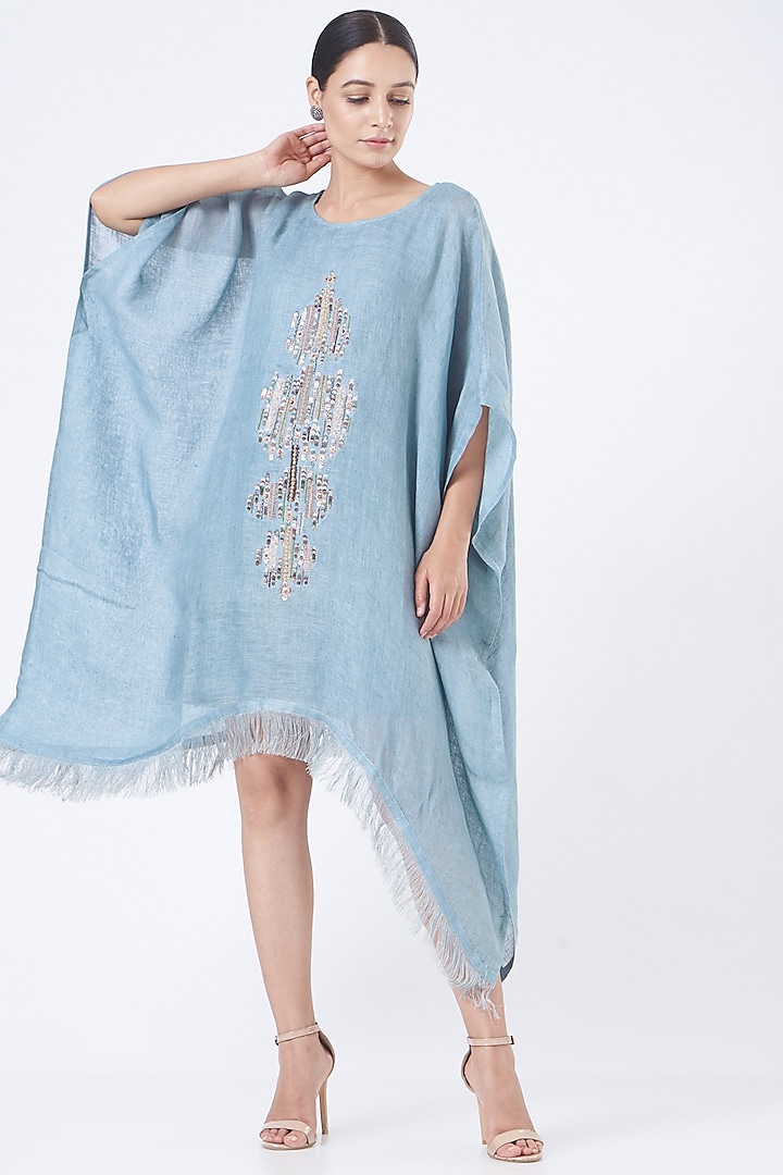 Powder Blue Linen Kaftan by Vivir at Pernia's Pop Up Shop