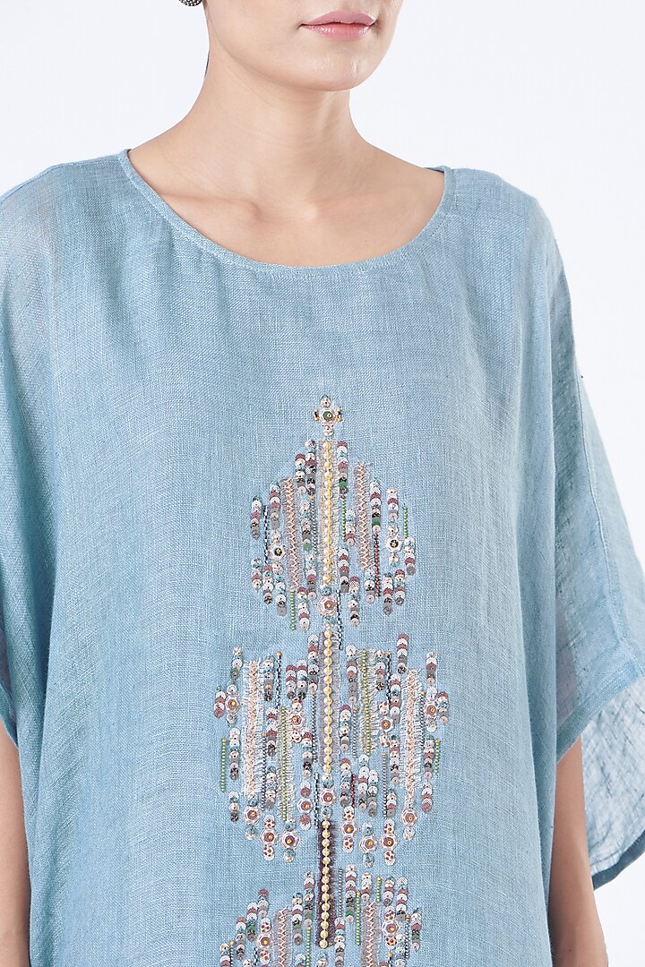 Powder Blue Linen Kaftan by Vivir at Pernia's Pop Up Shop