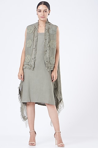 Smoky Green Linen Dress With Shrug by Vivir