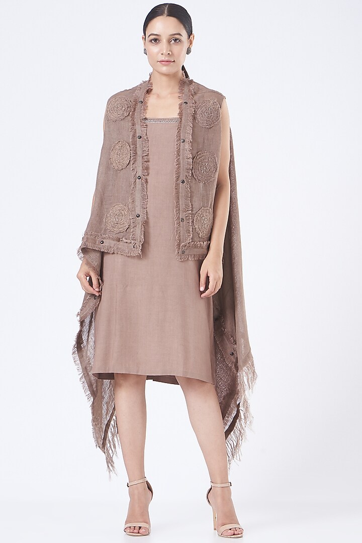 Beigish Brown Linen Dress with Shrug by Vivir