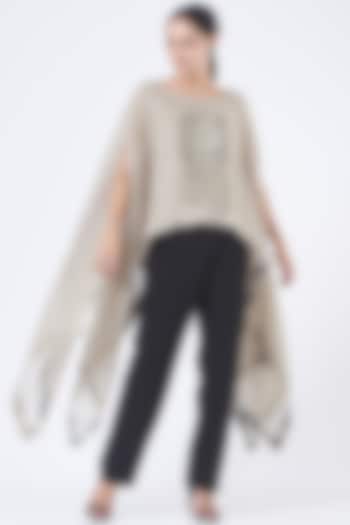 Beige Linen Embroidered Poncho Top by Vivir