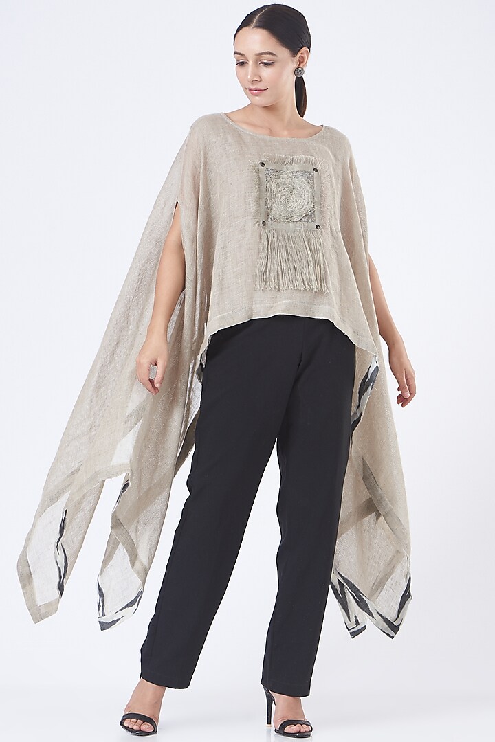 Beige Linen Embroidered Poncho Top by Vivir