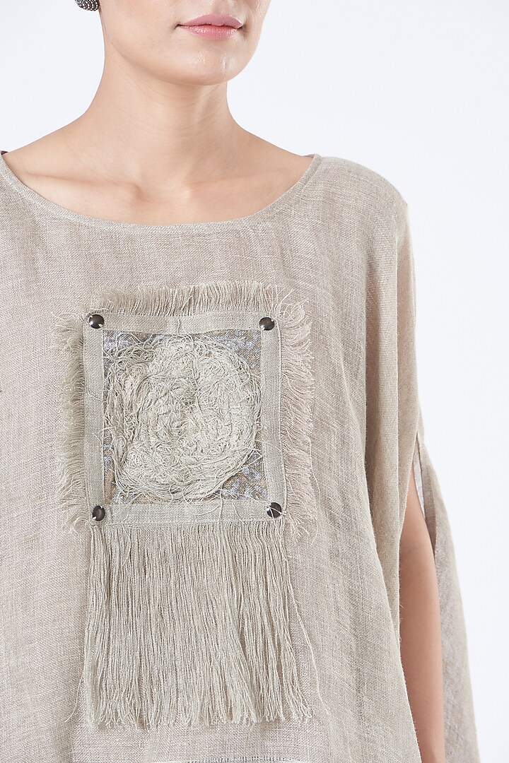 Beige Linen Embroidered Poncho Top by Vivir at Pernia's Pop Up Shop