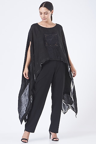 Black Linen Embroidered Poncho Top by Vivir