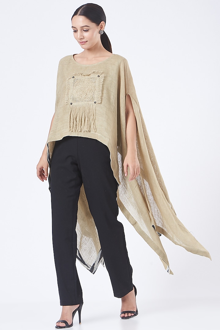 Olive Green Linen Embroidered Poncho Top by Vivir