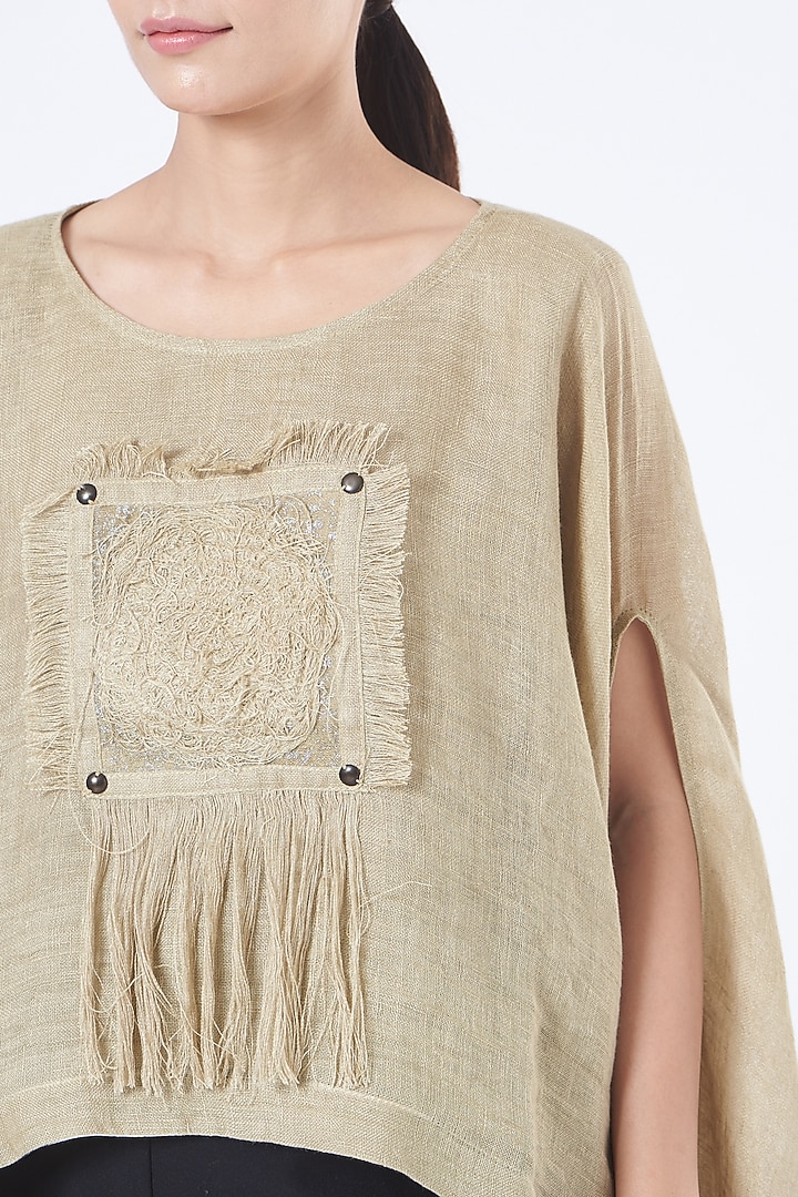 Olive Green Linen Embroidered Poncho Top by Vivir at Pernia's Pop Up Shop