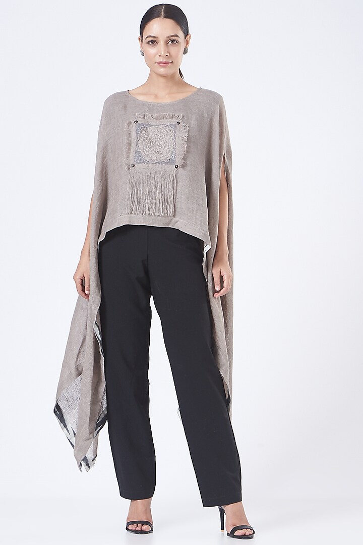 Grey Linen Embroidered Poncho Top by Vivir