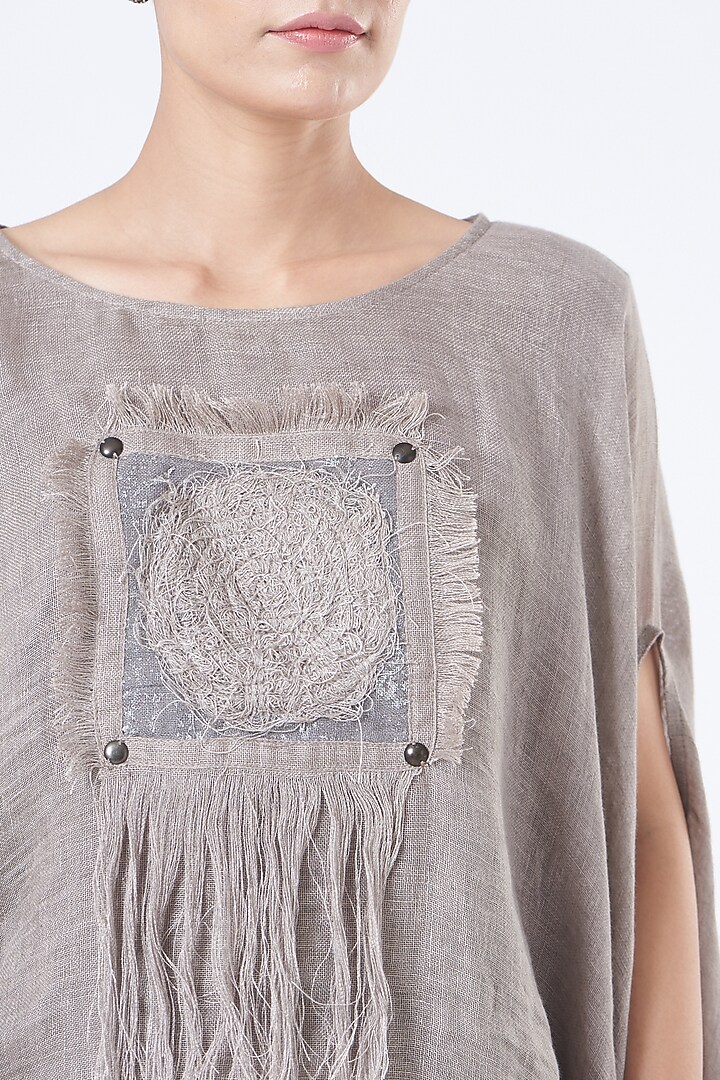 Grey Linen Embroidered Poncho Top by Vivir at Pernia's Pop Up Shop