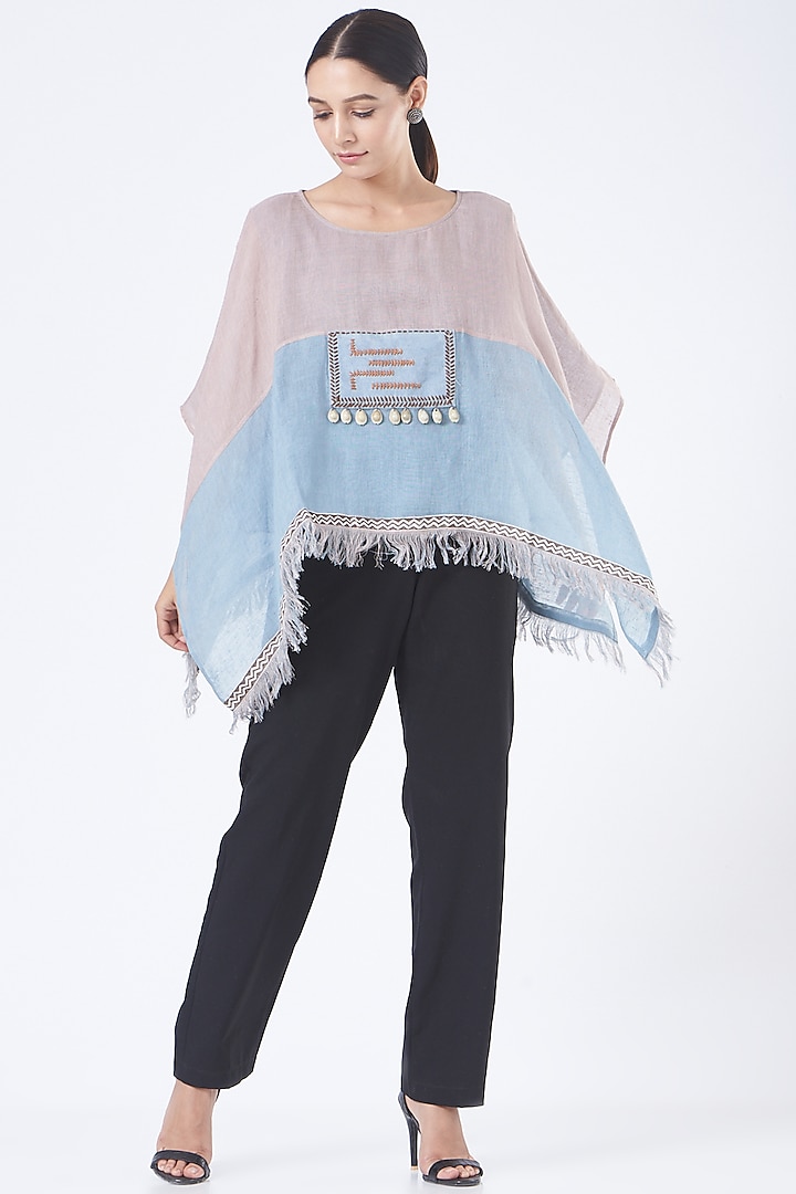 Light Pink & Blue Linen Poncho Top by Vivir