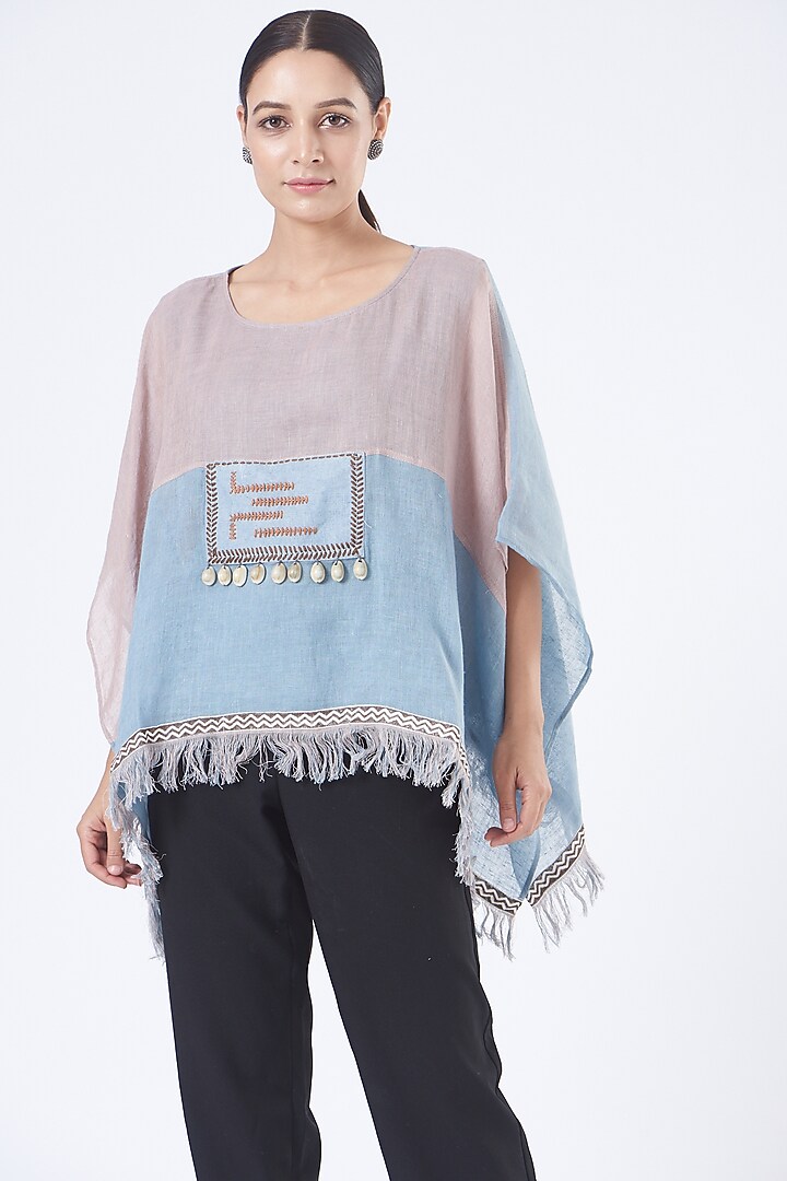 Light Pink & Blue Linen Poncho Top by Vivir at Pernia's Pop Up Shop