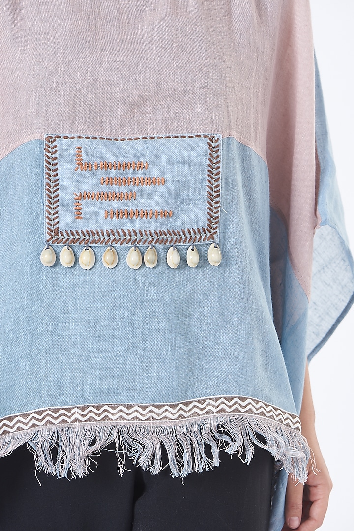 Light Pink & Blue Linen Poncho Top by Vivir at Pernia's Pop Up Shop