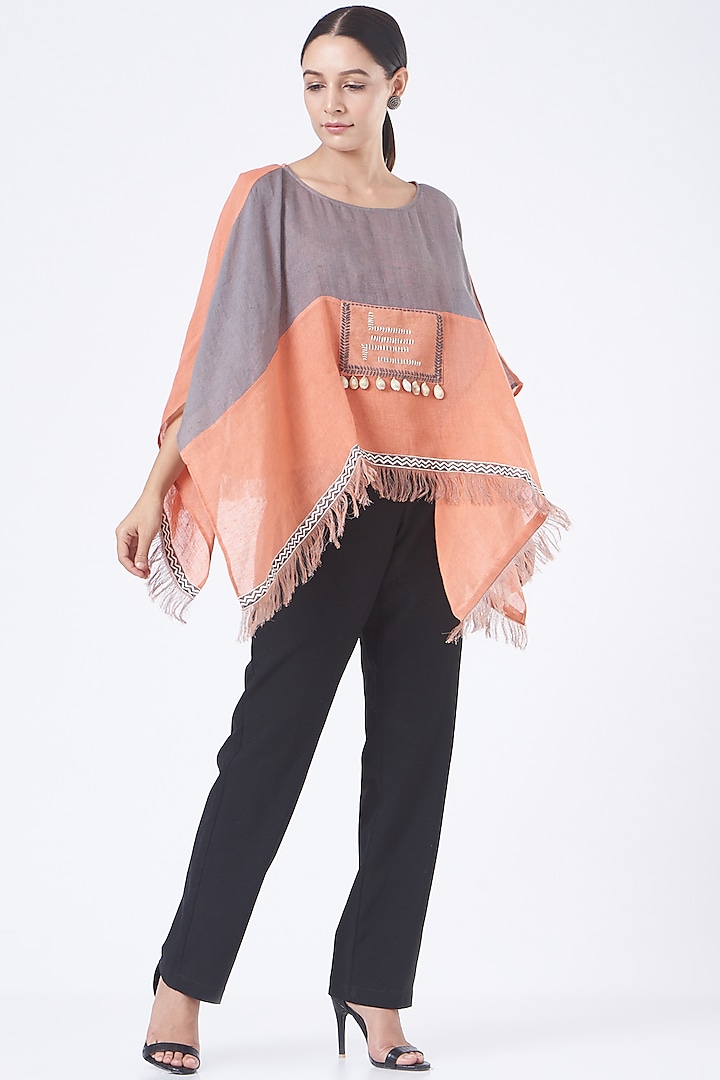 Coral & Light Grey Linen Poncho Top by Vivir