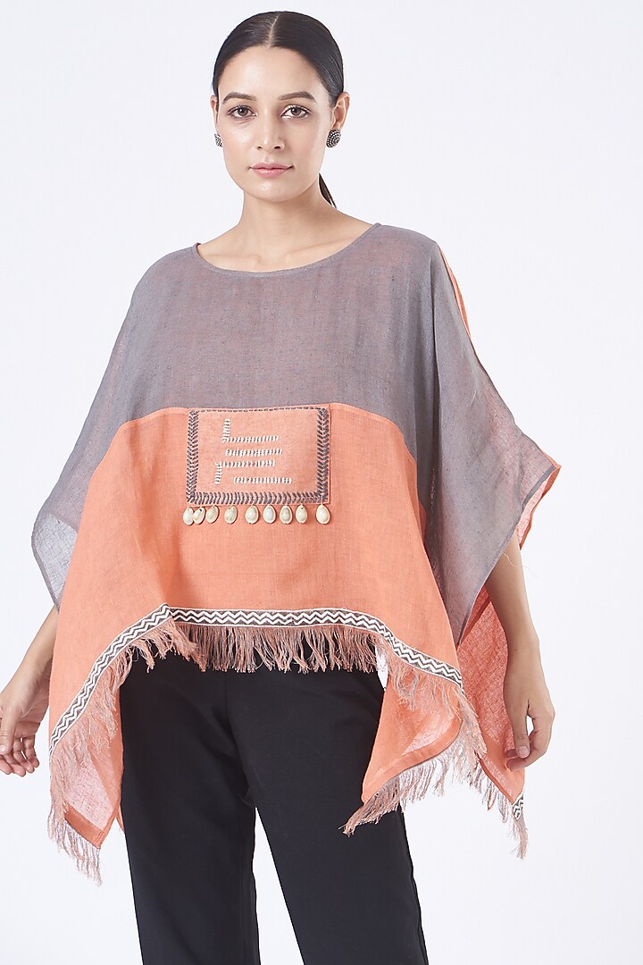 Coral & Light Grey Linen Poncho Top by Vivir at Pernia's Pop Up Shop