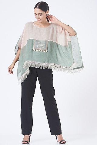 Mint & Light Peach Linen Poncho Top by Vivir
