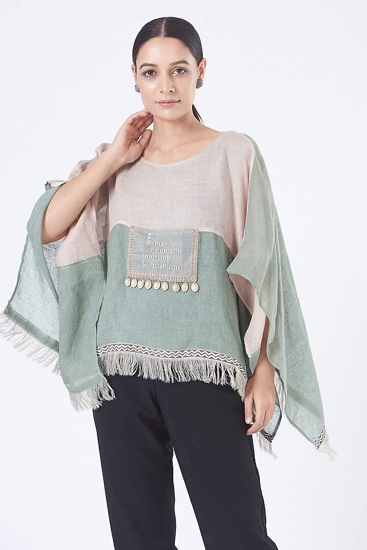 Mint & Light Peach Linen Poncho Top by Vivir at Pernia's Pop Up Shop
