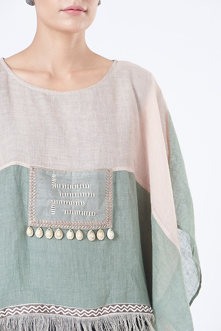 Mint & Light Peach Linen Poncho Top by Vivir at Pernia's Pop Up Shop
