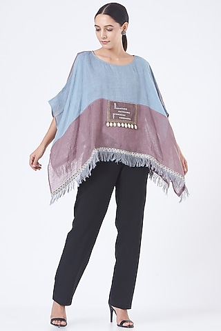 Blue & Purple Linen Poncho Top by Vivir